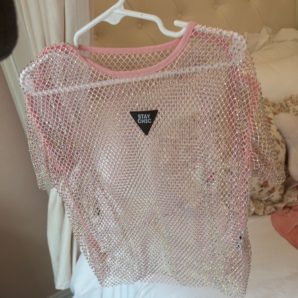 Lola + The Boys Pink and Silver Mesh Top